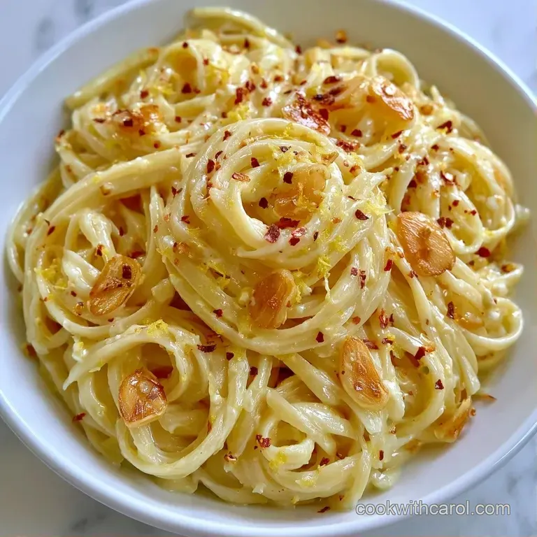 A swirl of glossy pasta in a white ceramic bowl, topped with shaved parmesan and a sprig of fresh green basil.