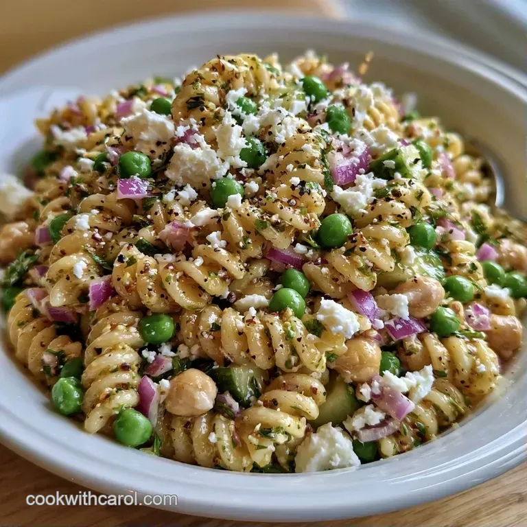 Chilled pasta twists and chickpeas tossed with vibrant green herbs in a minimalist white porcelain serving bowl.