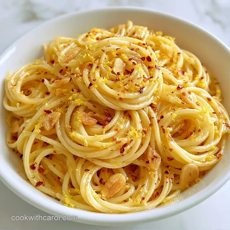 Elegant twirls of pasta topped with thin lemon slices and fresh herbs on a minimalist matte grey plate.