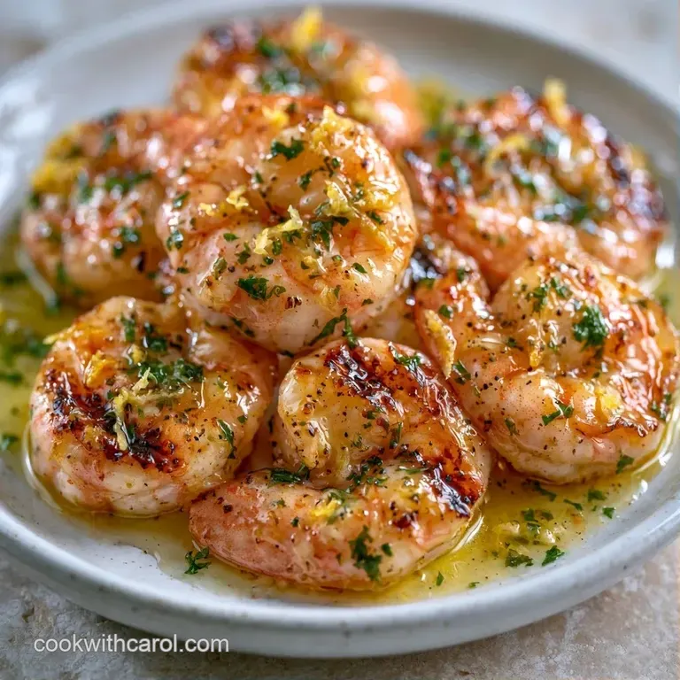Perfectly seared pink shrimp arranged on a slate board with zesty lemon wedges and a sprinkle of cracked pepper.