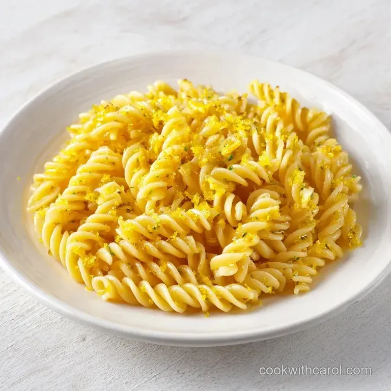 Swirls of pale yellow pasta topped with thin lemon slices and a sprinkle of cracked black pepper on a modern dish.