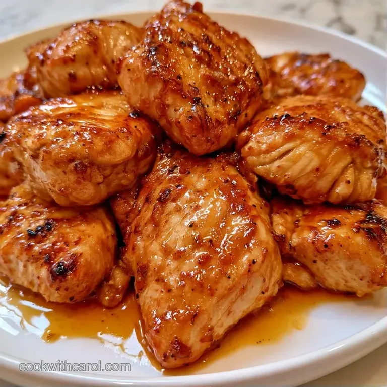 Glazed chicken thighs served on a minimalist plate with steamed asparagus and a drizzle of amber maple sauce.