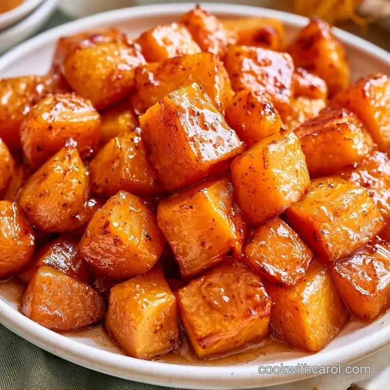 Vibrant orange roasted squash cubes arranged neatly on a slate board, garnished with fresh green thyme sprigs.