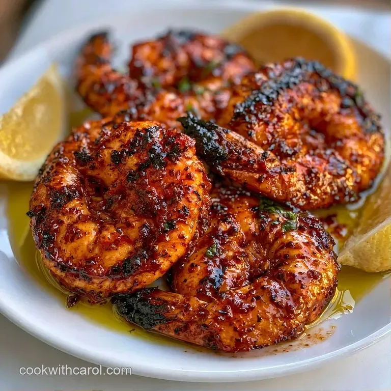 Pink grilled shrimp arranged on a ceramic plate with burst cherry tomatoes and a drizzle of golden olive oil.