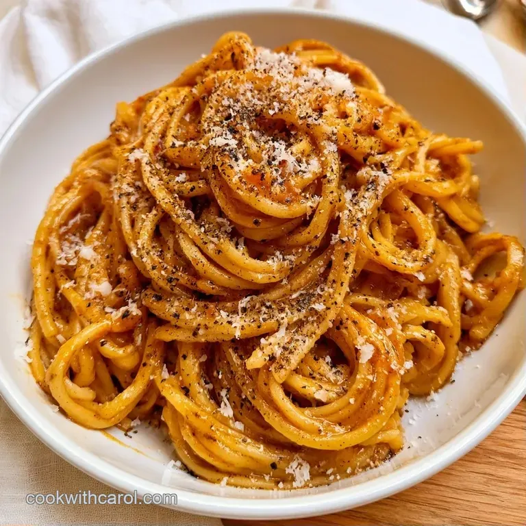 Elegant swirl of golden-brown pasta in a white ceramic bowl, topped with salty white cheese crumbles and fresh herbs.