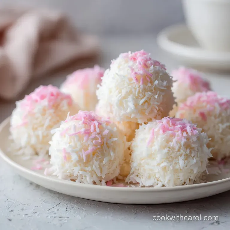 Tiny, snow-white coconut mounds arranged neatly on a white marble slab with delicate mint leaves for contrast.