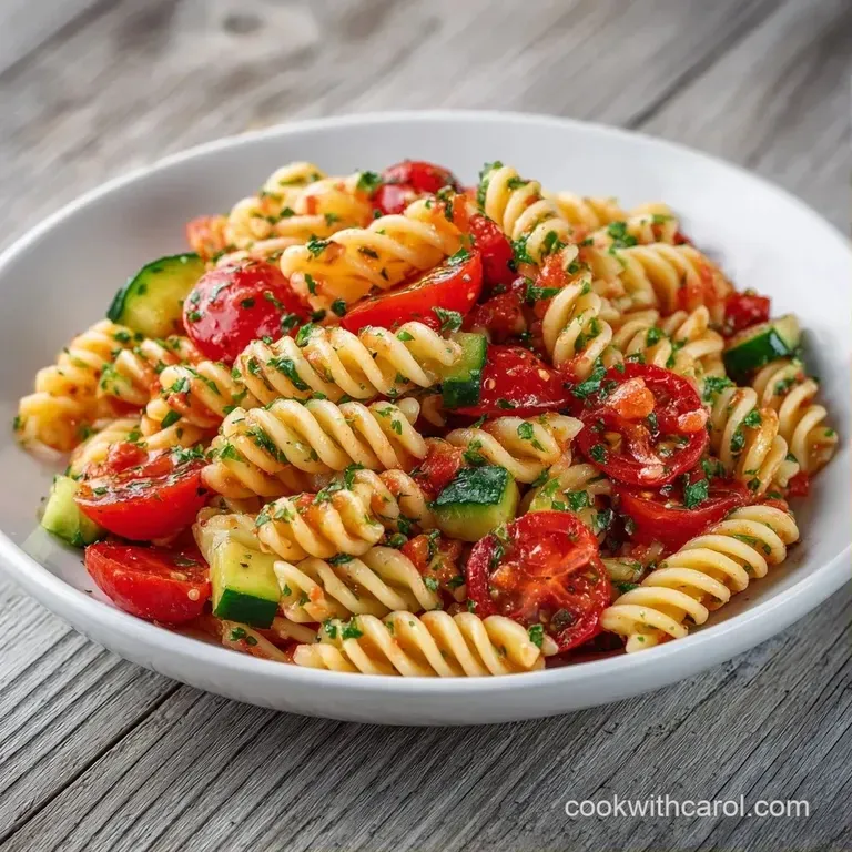 A bright pasta medley with cubes of feta and sliced olives served on a ceramic plate with a sprig of fresh parsley.