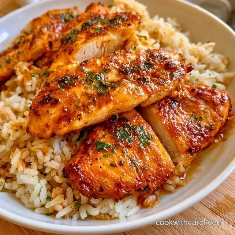 Sliced juicy chicken breast resting on a bed of buttery rice with vibrant carrots, plated on a matte white dish.