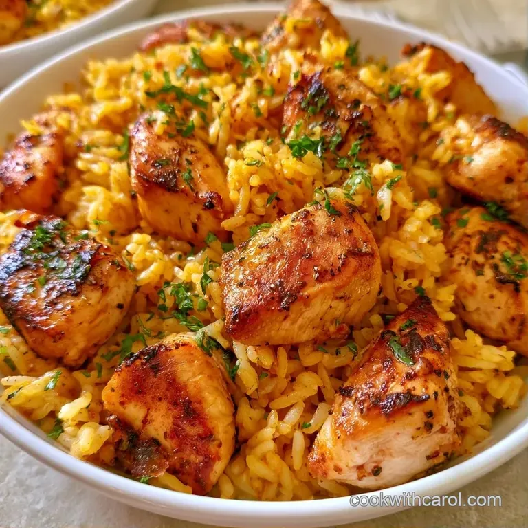 A neat mound of steamed rice topped with tender sliced chicken breast and a drizzle of glossy brown pan sauce.