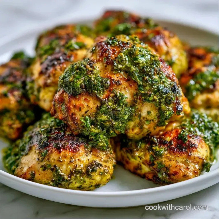 Juicy roasted chicken pieces topped with bright green pesto, served on a white plate with lemon wedges and herbs.