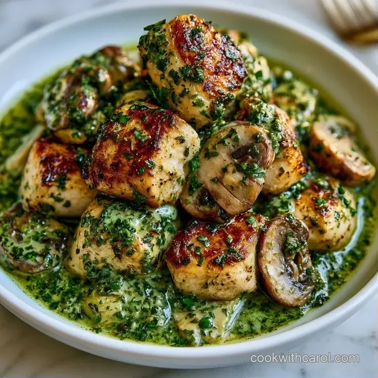Sliced seared chicken and tender mushrooms glazed in emerald pesto, plated elegantly on a matte white ceramic dish.