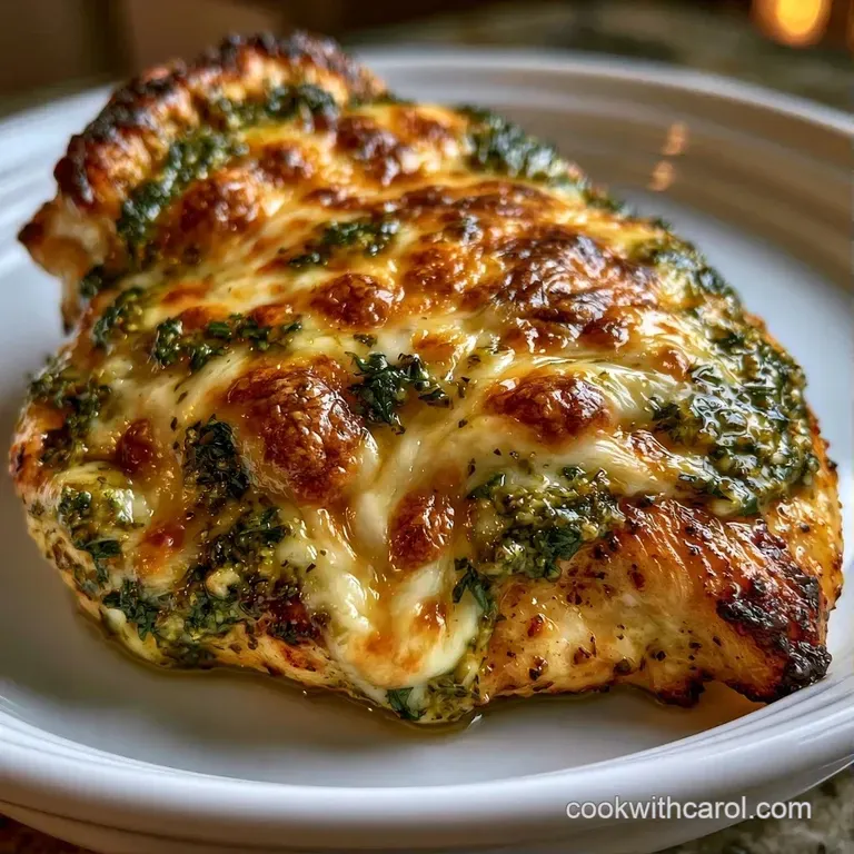 Tender chicken breast topped with bubbly browned cheese and pesto, garnished with fresh basil on a white plate.