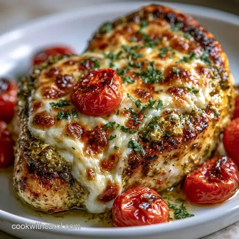 Golden seared chicken topped with melted white mozzarella and bright green sauce on a white minimalist plate.