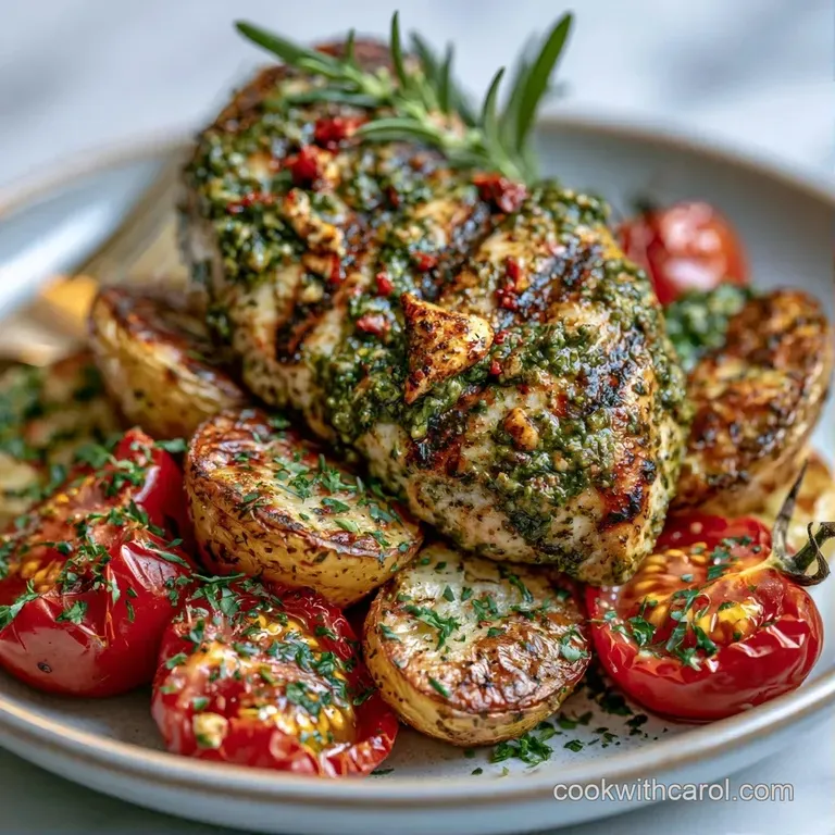 Sliced seared chicken topped with bright green pesto, served alongside roasted cherry tomatoes on a dark slate plate.