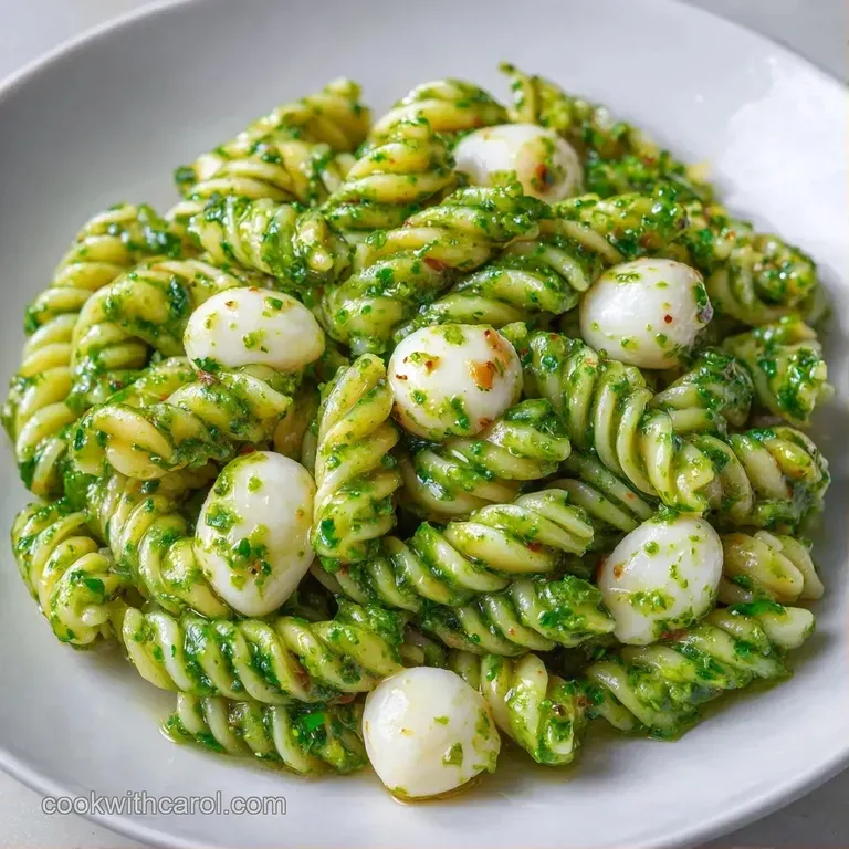A white ceramic bowl filled with green-coated pasta, creamy mozzarella pearls, and halved red tomatoes on a linen cloth.