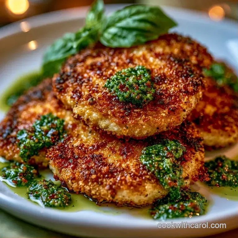 Juicy sliced chicken with a vibrant green crust plated elegantly with roasted root vegetables and a lemon wedge.