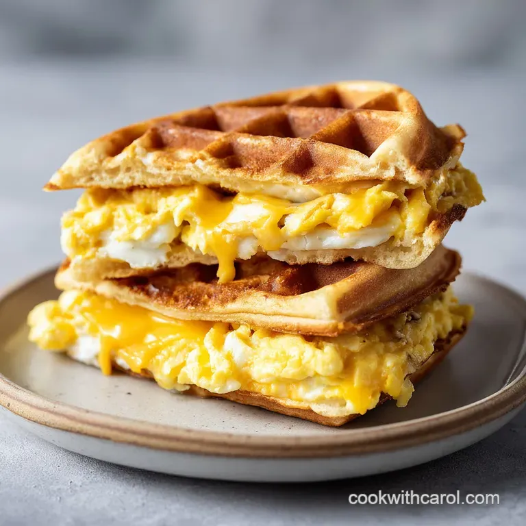 Neatly stacked golden waffles on a white ceramic plate, garnished with fresh microgreens and bright red berries.