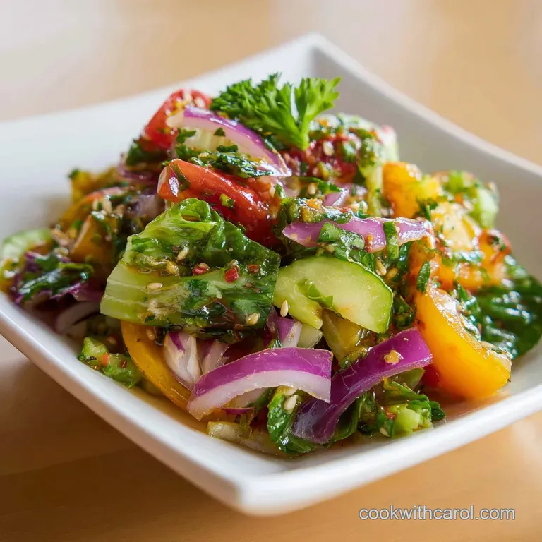 A beautifully arranged salad with artfully placed cherry tomatoes, slivers of red onion, and a light vinaigrette drizzle.