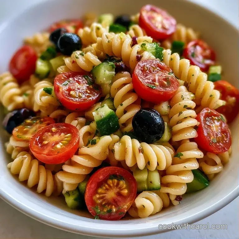 Bright pasta salad with diced cucumbers and olives served in a white bowl, garnished with a sprig of fresh parsley.