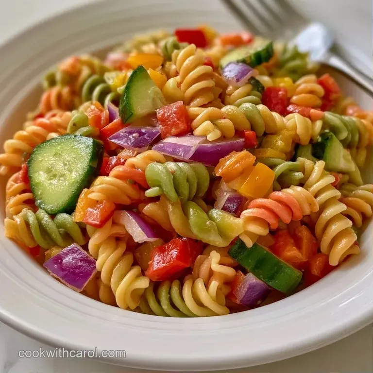 Vibrant pasta mixed with diced rainbow vegetables served in clear glass meal prep containers with bright accents.