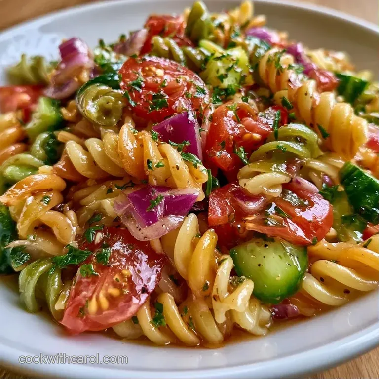Colorful pasta tossed with thin red onion slices and herbs, served in a modern ceramic bowl on a linen cloth.