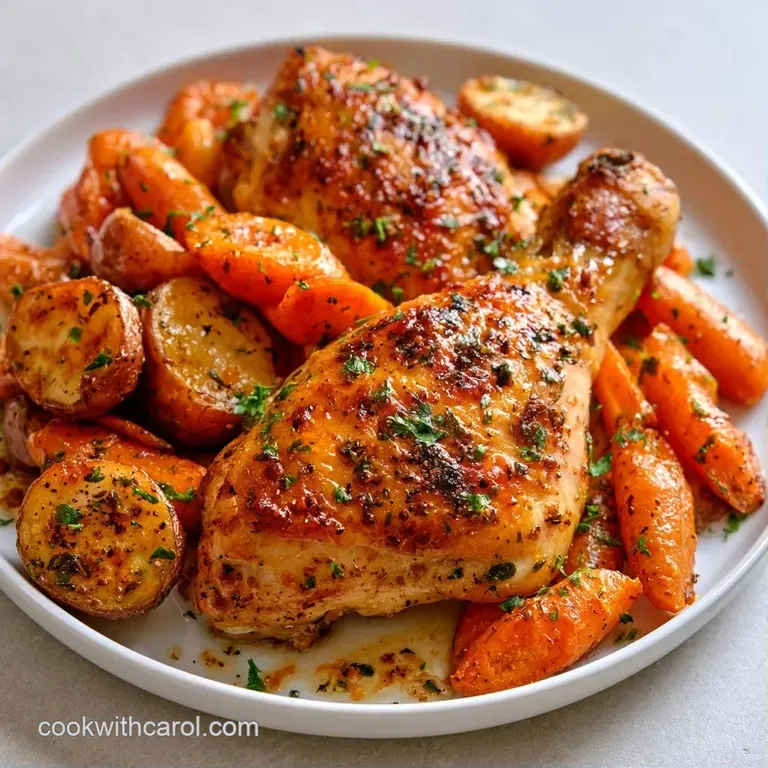 Neatly plated roasted chicken breast and golden potato wedges garnished with fresh parsley on a white ceramic plate.