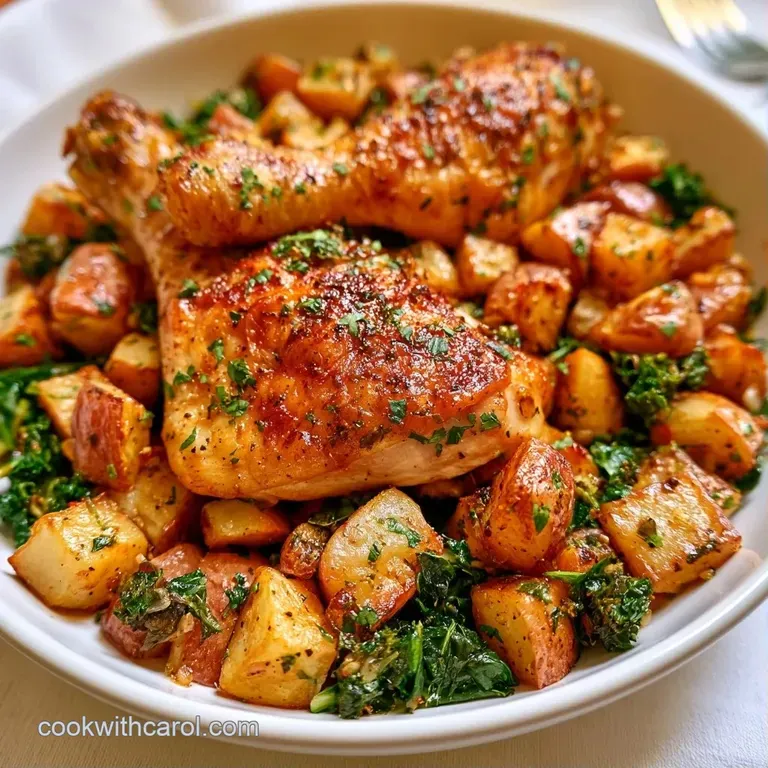 A single golden chicken leg beside roasted potato wedges, drizzled with glossy jus and garnished with fresh herbs.