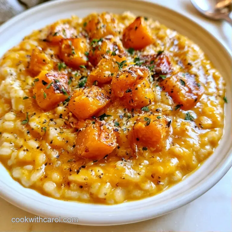 Elegant plating of velvety orange grains with a dollop of mascarpone and a crisp, browned sage leaf garnish.