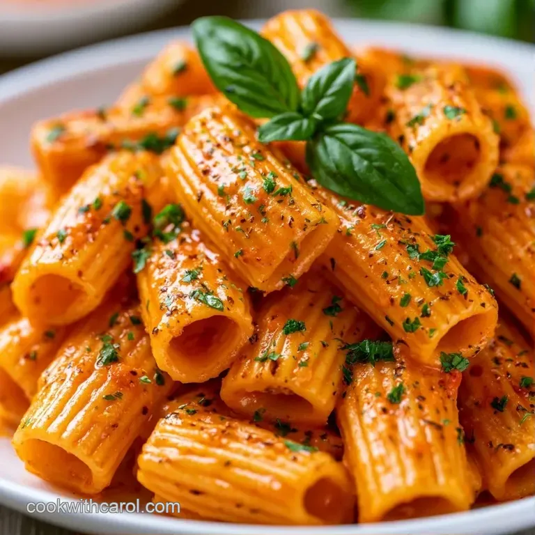 Vibrant orange pasta twirled in a white ceramic bowl, garnished with a sprig of basil and cracked black pepper.