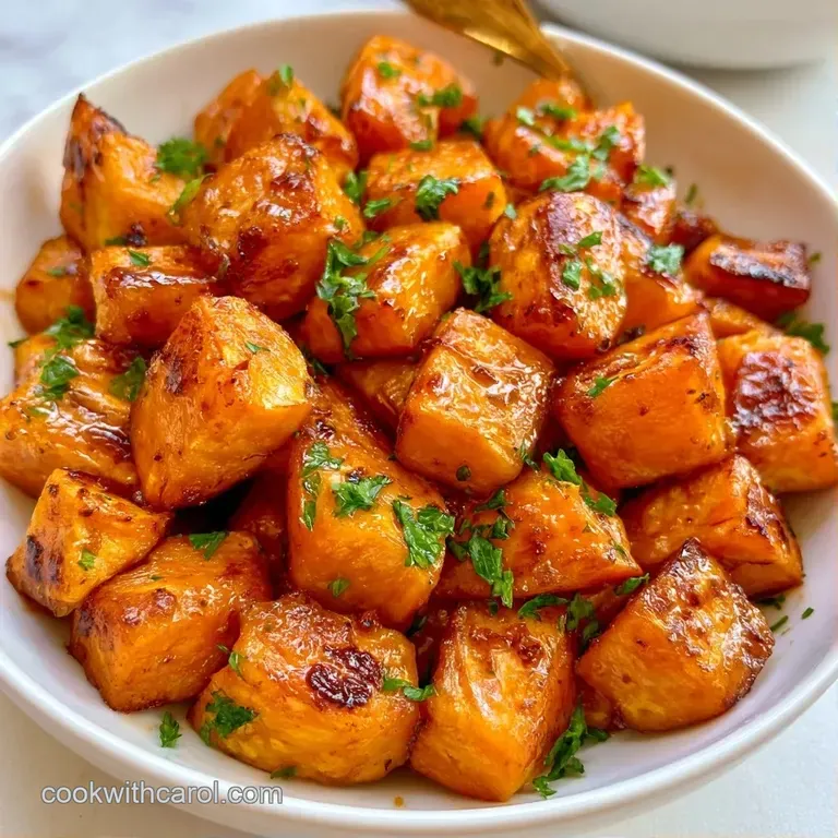 Neatly stacked orange root vegetable cubes topped with a sprig of rosemary on a matte black dinner plate.