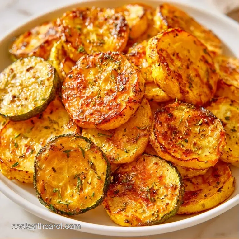 Vibrant yellow and green summer squash neatly piled on a white ceramic plate, garnished with a sprig of parsley.