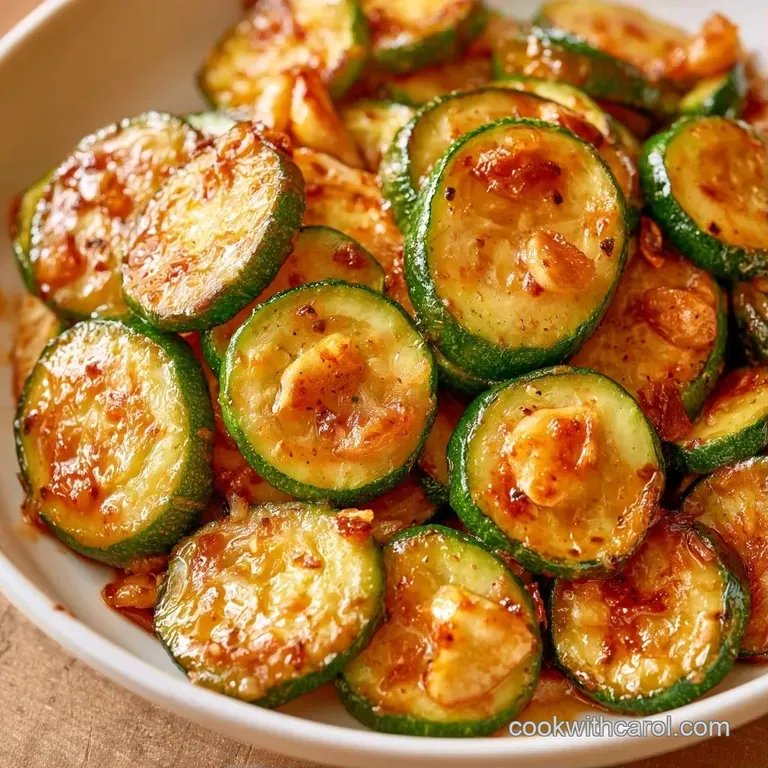 Sliced green squash arranged on a white platter, accented by toasted golden garlic and a dusting of black pepper.