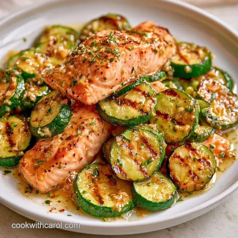 Flaky pink salmon fillet on a white plate with charred zucchini coins and a sprinkle of fresh green parsley.
