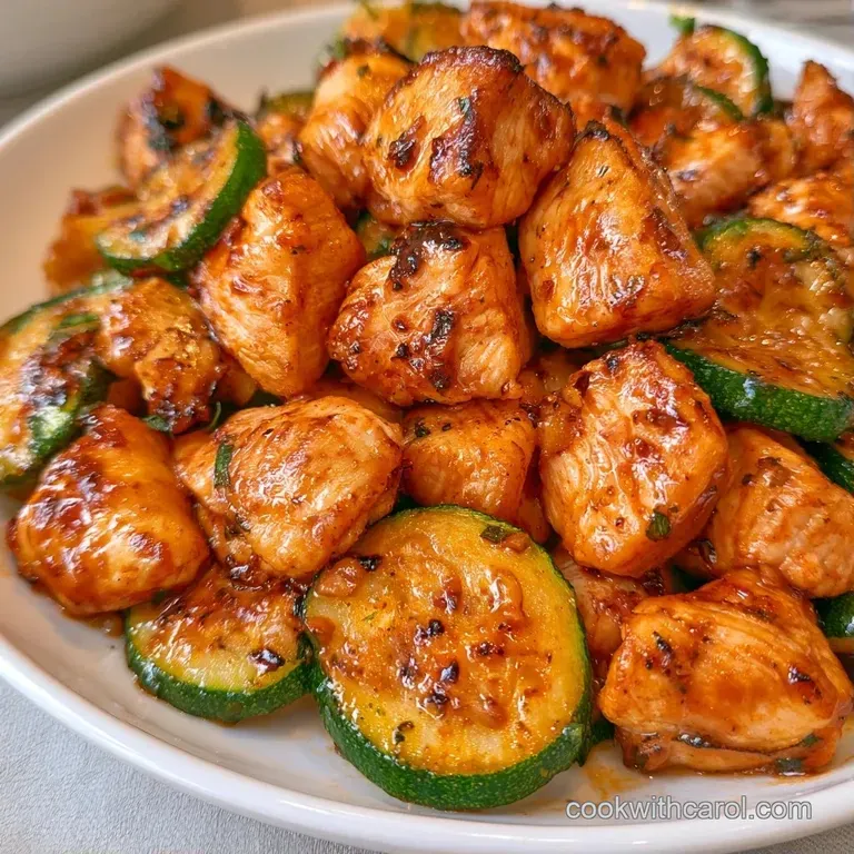 Seared chicken breasts paired with sautéed zucchini coins, garnished with lemon wedges and fresh parsley.
