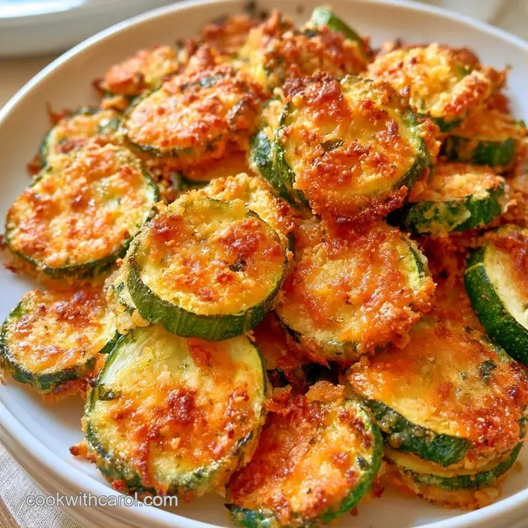 Neatly stacked zucchini rounds with melted white cheese and a sprig of basil on a modern ceramic plate.