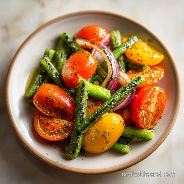 Artfully arranged roasted vegetables on a white plate, sprinkled with fresh herbs.