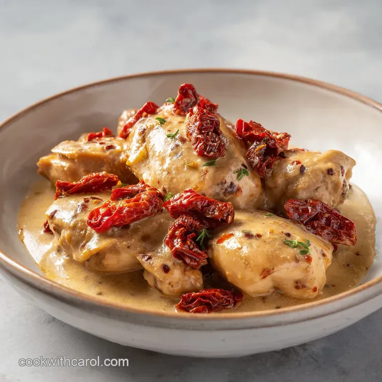 Tender chicken fillets in a rich cream sauce served over pasta with vibrant sun-dried tomatoes and green herbs.