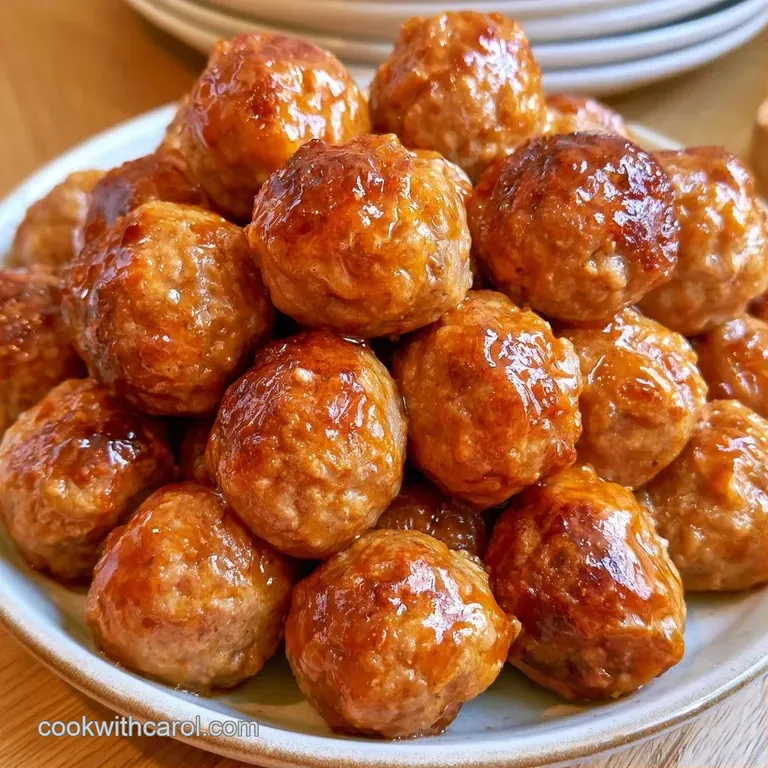 Plump, glazed meatballs served in a white porcelain bowl with a sprinkle of herbs and a side of toasted baguette.