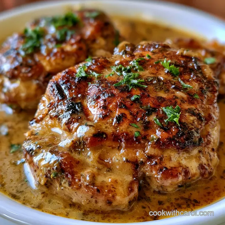 Slices of golden seared chicken draped in a glossy brown sauce, served on white porcelain with fresh parsley garnish.