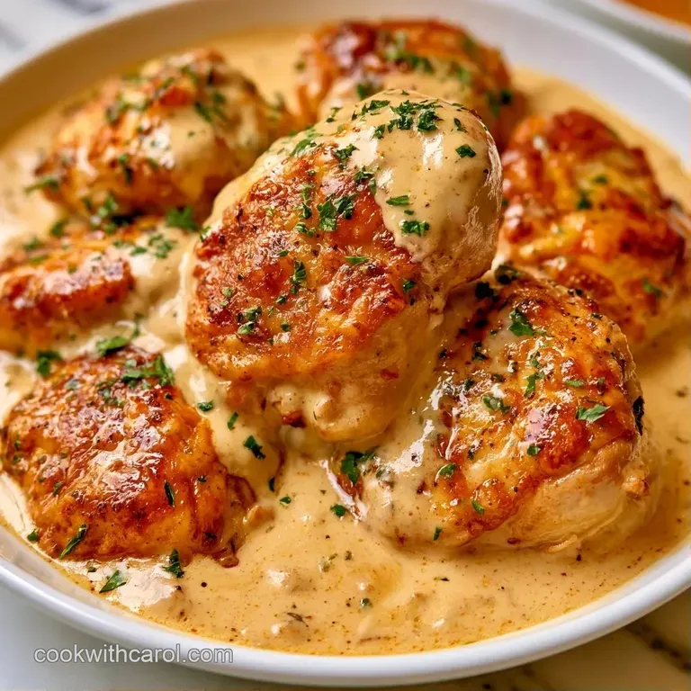 A creamy slice of baked chicken topped with melted cheese on a white plate, garnished with a sprig of fresh parsley.
