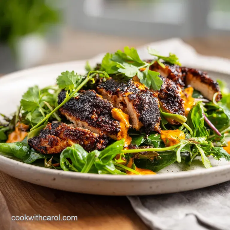 Artfully arranged garden greens topped with sliced avocado and a drizzle of creamy chipotle sauce on a white plate.