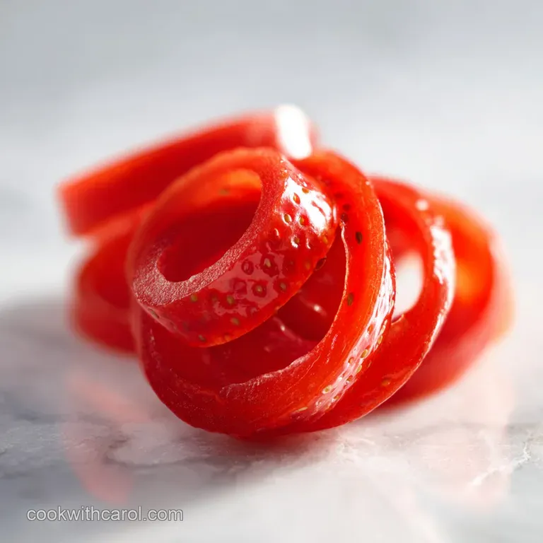 Elegant spirals of glossy red fruit leather artfully arranged with halved strawberries on a minimalist slate board.