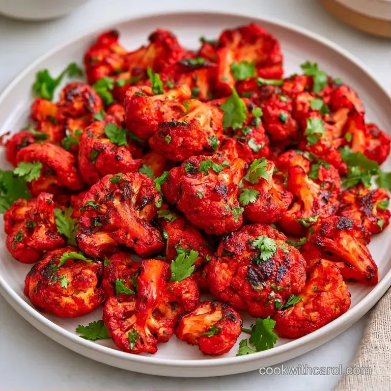 Charred orange florets arranged on a white ceramic plate with a creamy yogurt drizzle and fresh green cilantro.