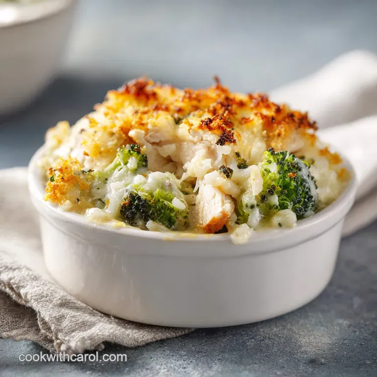 A portion of creamy chicken and rice with vibrant green broccoli and toasted cheese on a clean white porcelain plate.