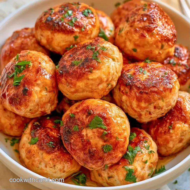 Three golden-brown spheres arranged on a slate plate with a drizzle of savory sauce and a sprig of fresh thyme.