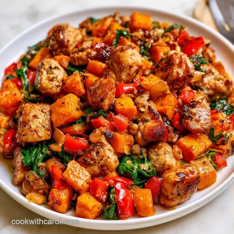 Elegant white bowl of sautéed orange potato cubes and browned meat, garnished with vibrant, wilted green spinach.