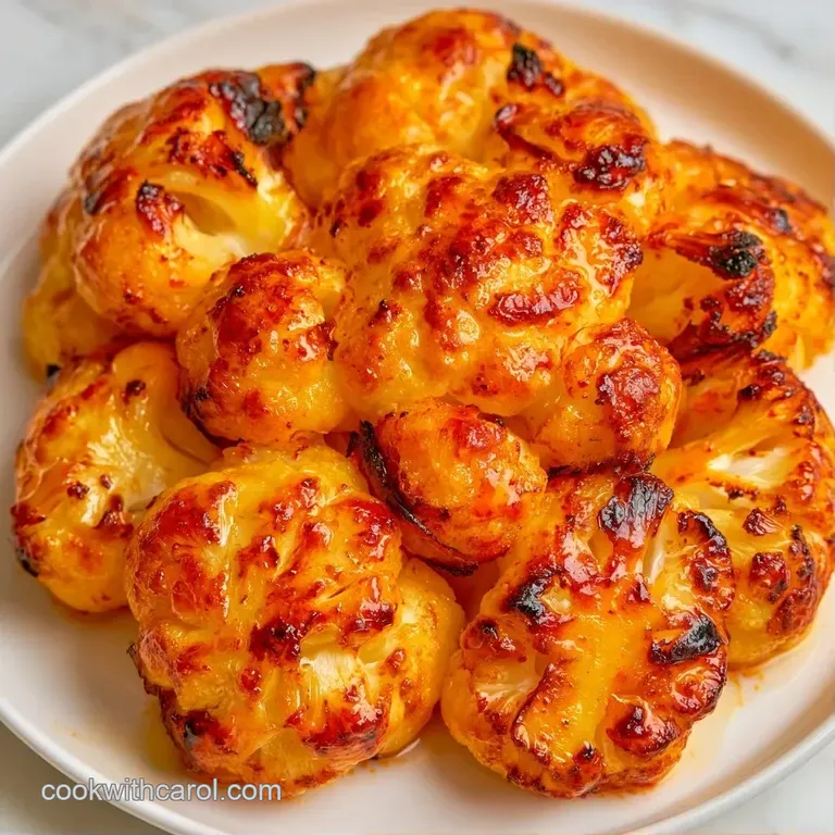 A charred golden cauliflower head on a white platter, drizzled with creamy tahini and topped with fresh herbs.