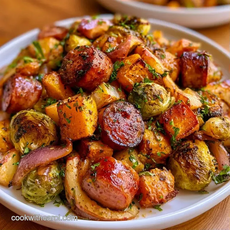 A curated plate of roasted autumnal vegetables and golden poultry, garnished with sprigs of fresh green thyme.